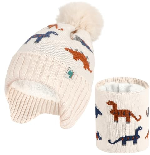 QKURT Ensemble Bonnet et écharpe Tricotés pour Enfants d'hiver, Bonnet Tricoté doux et chaud, Ensemble Cache-cou avec Motif de Dinosaure pour Garçons et Filles de 2 à 6 ans