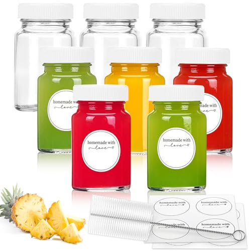 Showvigor 8 Petite Bouteilles en Verre Réutilisables de 60ml / 2oz avec Bouchon Hermétique, étiquette, Mini Bouteille en Verre Portable Pour Jus de Fruits, Jus de Gingembre, Pilules Santé et Whisky