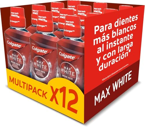 Colgate Max White Expert Enjuague Blanqueante, Pack 12 Uds x 500ml, 0% Alcohol, Dientes Más Blancos al Instante, Protección frente a las Manchas, Contiene Flúor, Protección Anticaries, Versión actual
