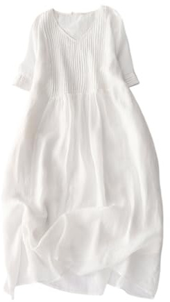 ORANDESIGNE Abito Lino Lungo Donna Scollo V Manica Corta Abito Midi Largo Leggero Estivo Vestiti Sciolto Mare Vestito Elegante Casual Tinta Unita Spiaggia Abiti Boho Vestito Lungo A Bianco L