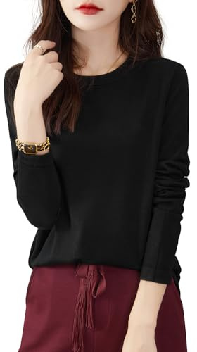 Chanyarn 100 % merino ullskjorta damer rund hals långärmad för resor vandring t-shirt underkläder topp, svart, L