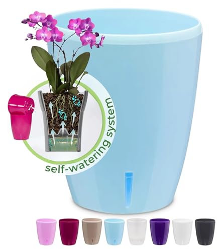 Happyplants ORCHIDEA Clear Orchid Self-Watering Flower Pot Planter With Water Level Indicator Water Reserve And Drainage Holes (Ø12.5CM Ø15CM Ø16.5CM) (Blue, Ø 15CM - 2L)