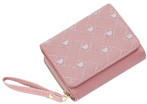 Jadin Portemonnaie Damen, Damen Geldbörse mit Reißverschluss, Kleine Geldbörse mit Metall Druckknopf, PU Geldbörse für Damen mit Münzfach mit Mehreren Kartenfächern und Fächern, 10,5 x 8 cm (Rosa)