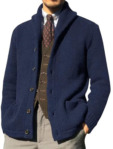 SWJGLITTR Cardigan da uomo con colletto a scialle e bottoni, vestibilità aderente, casual, lavorato a maglia, a costine, con tasche, giacche, Blu navy, Medium