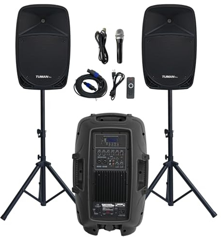 12inch PA Speaker System, 1000W High Powered Bluetooth Compatible Active + Passive Pair Outdoor Sound Speakers, Outdoor Karaoke Machine，FM Radio, Remote Control, 2 Speaker Stand, Supports SD Card/USB
