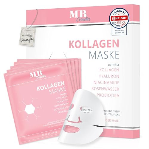 MB Cosmetics Kollagen Maske – mit Hyaluron, Niacinamiden und Probiotika – Hydratisierende Gesichtsmaske aus Hydrogel für die Faltenreduktion. Ultra-hochkonzentriert mit 52.000 ppm, 5 Stück.