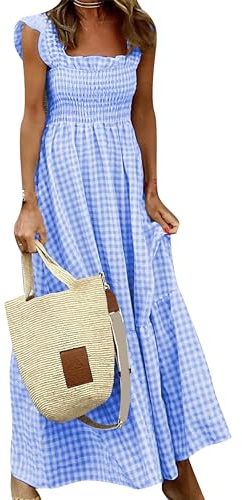 EFOFEI Mujeres Maxi Vestido Fluyente a Cuadros Vestido con Cintura Alta con Volantes Vestido de Verano A-Line Fruncido Azul L