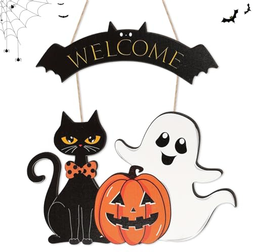 Halloween dekoration dörrskylt, 45 x 35 cm halloween dörrdekoration, ytterdörrdekoration, halloween trädekoration ytterdörr dekoration, pumpa, spöke, svart katt för inomhus utomhus ytterdörr
