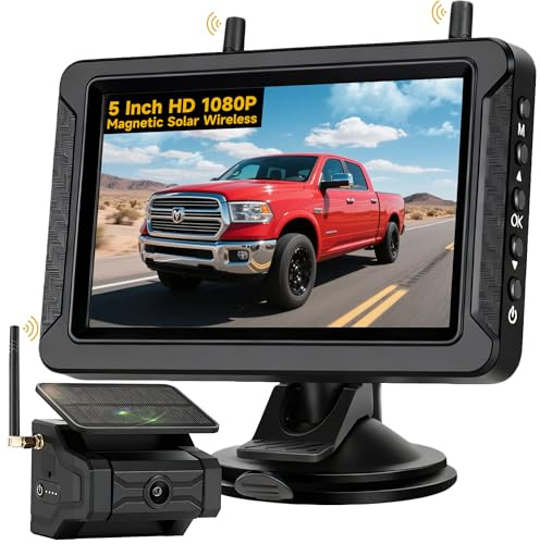 Magnetic Solar Wireless Backup Camera for Truck RV Car Trailer Pickup: HD 1080P No Wiring No Drilling 150° Wide Angle IP69K Waterproof Rechargeable Portable Backup Camera with 5 IPS 2-Split Monitor