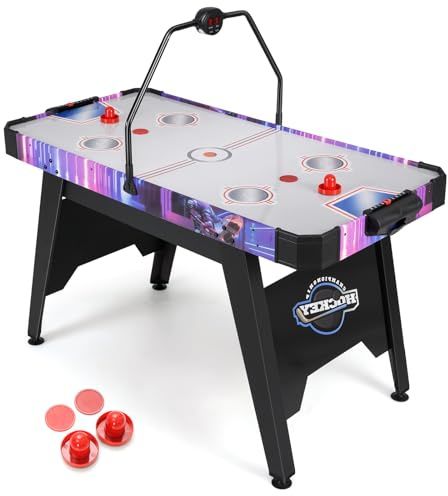 HOMASIS Table de Jeu de Hockey Aérien avec Tableau de Score Numérique LED, 2 Poussoirs et Palets, Repose-Pieds Réglables,Table de Hockey pour Famille Bar Maison Bureau, pour Enfant & Adulte