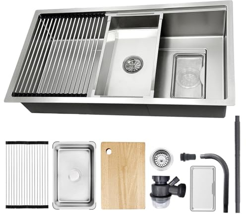 Fregadero de Cocina 90x50cm Acero Inoxidable 304, Kit Completo con Sifón y Drenaje, Escurridor, Tabla de Cortar, Cubeta Pequeña, Filtro Extra Grande, Resistente a Arañazos, Lavabo Bajo/Sobre Encimera
