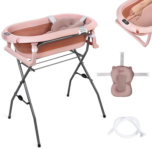 moovkee. Babybadkar med ram 80 cm – mörkrosa babybadkar vikbart med termometer, badkudde och avloppssystem – babybadkar med stativ, säkert för ditt nyfödda