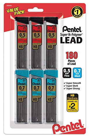 Pentel Super Hi-Polymer Lead Refills Value Pack, (0.5mm and 0.7mm), Fine/Medium Line, HB, Pack of 6, 180 Pieces of Lead (C257BPHB6)