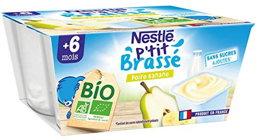 Nestlé Bébé - P'tit Brassé Bio - Desserts Lactés - Poire, Banane- Dès 6 mois - 4x90g