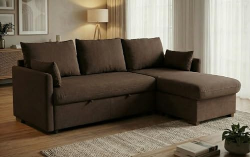 BUDWING Orlando Sofá Cama Esquinero 3 Plazas – Chaise Longue Reversible con Almacenaje – Estilo Contemporáneo, Tejido Hidrófugo Antimanchas – 221x160,5x88 cm – Marrón