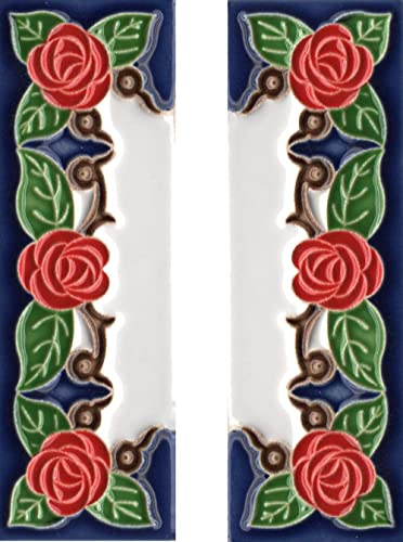 Numeri civici, numeri e lettere italiane in ceramica, motivo rosa, dimensioni delle mattonelle: 10 cm x 3,5 cm, 3 a 6 cornici (estremità (set di 2 piastrelle))