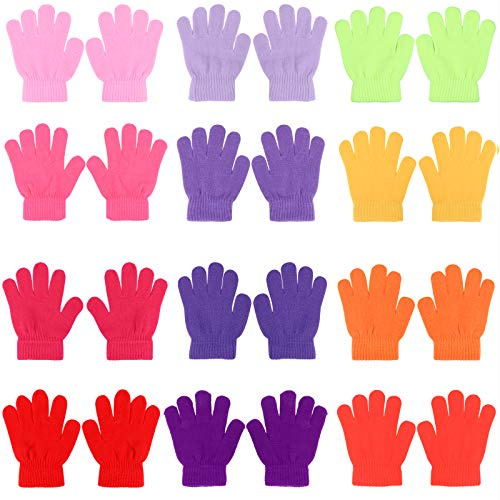 QKURT 12 Pairs Magic Gloves for Kids, Winter Gradient Colors Thermal Children Stretch Full Fingers Gloves for Commuting Playing Running