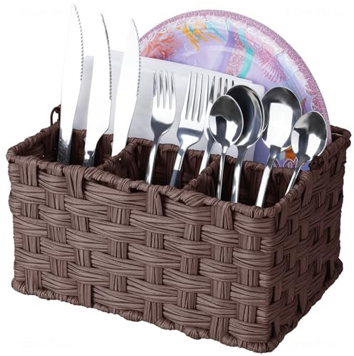 NiHome Cesta de mimbre para cubiertos, organizador de ratán sintético con cuatro compartimentos, marco de alambre duradero, asa portátil para cocina y comedor