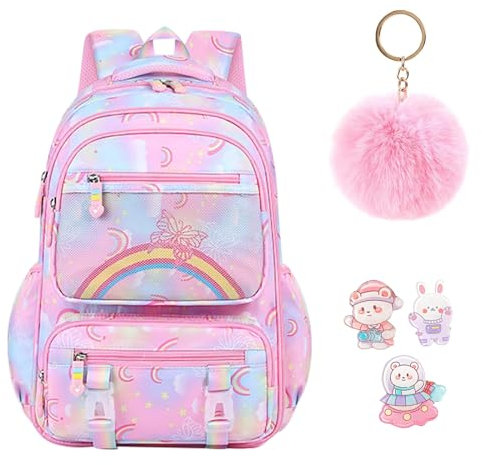 IHCEMIH School Backpack, Girls Cute Bags for Primary Secondary School Multi Pocket Casual Butterfly Daypacks Childrens Travel Rucksack Elementary Book Bag Pack with Keychain Badges for Kids Teen Pink