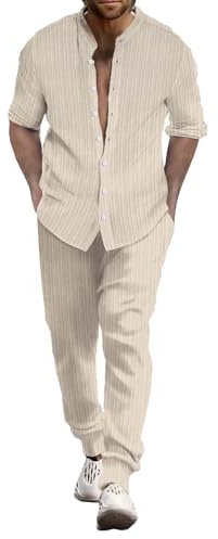 Junger Herrenanzug Slim Fit Herren Sommer Atmungsaktiv Zwei gerollte Ärmel Hemd Hose Set Herren Sportbekleidung Herren Zweiteilige Sportbekleidung, beige, L