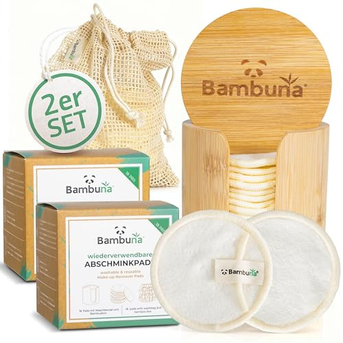 Bambuna återanvändbara sminkrondeller | 2 x 18 stycken bomullsrondeller | tvättbara sminkrondeller med förvaringslåda och tvättpåse | Zero Waste kosmetiska rondeller för ansikte och ögon | vegansk och