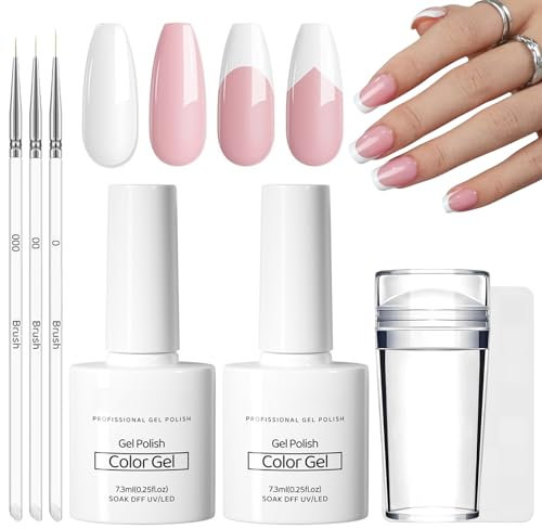 DMQ French Manicure Kit, Jelly Pink and White Gel Nail Polish, French Gel Polish Set with Nail Stamper and 3Pcs Ultra Thin Nail Art Pen, Long Lasting Soak Off UV/LED for Women Home DIY Nail Salon