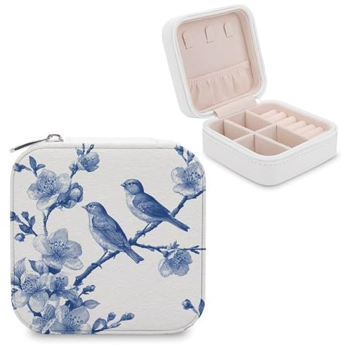 Jubonexis Petite boîte à bijoux chinoise en porcelaine bleue et blanche avec oiseaux - Organisateur de bijoux portable en cuir PU - Mini étui à bijoux de voyage
