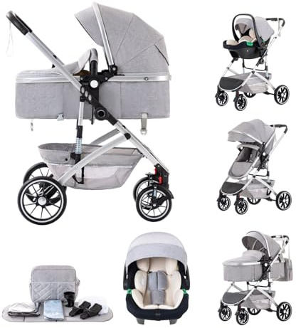 Kakbgee Passeggino 3 in 1, pieghevole con un clic, sistema da viaggio per la città, carrozzina e seggiolino auto con zanzariera, passeggino alto per neonati da 0 a 4 anni, grigio chiaro