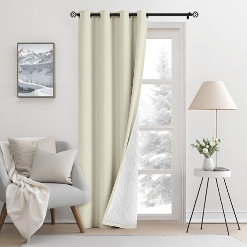 AOOSA Thermal Insulated Curtain, 52x 84 Winter Eyelet Doorway Cover with Tieback, Windproof Soundproof, Warm Cold Protection, Thicken Fiber Drapes Curtain for Living Room, Bedroom, Office(Beige)