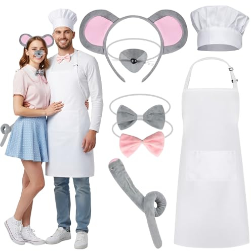 YAEGIMHT 7 Pcs Couple Mouse Costume Accessories for Men Women Mouse Chef Cosplay Costume with Chef Hat Gray Mouse Headband White Apron Bow Tie Nose Tail for World Book Day Halloween Cosplay Carnival