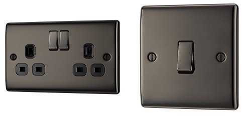 BG Electrical NBN22B-01 13 A Electrical 2-Gang Metal Switched Plug Socket, Black Nickel + NBN12 10 A Electrical 1-Gang 2-Way Metal Nickle Light Switch, Black