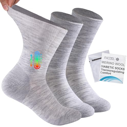 Facool Diabetic Socks for Men Women, Merino Wool Non-Binding Top Crew Socks with Cushion Sole, Seamless Toe 3 Pairs