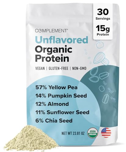 Complement Organic Unflavored Vegan Protein Powder (30 Servings) Low Carb, Low Calorie, Sugar Free, Soy Free, Non-GMO, Gluten Free, Non Dairy- Yellow Pea, Pumpkin Seed- 15g Plant Based Protein Powder