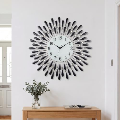 Heaven4you Large Premium Diamond Jeweled Wall Clock Crystal Modern 3D Sunburst for Living Room Kitchen – Silent Sweeping –Second Hand- Ready to Hang with Hook & Instructions for Hands 60cm/23.6inch