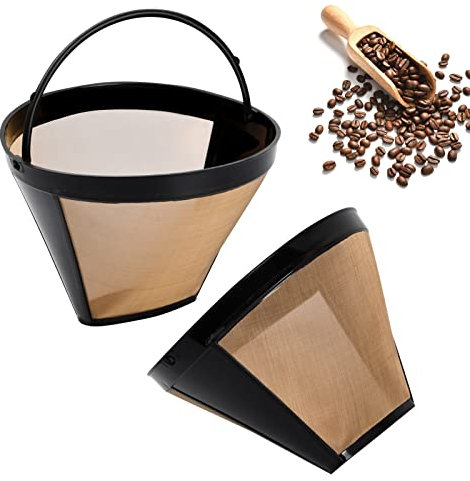 Zsanhua 2PCS Coffee Filter, Universal Permanent Coffee Filter Stainless Steel Washable and Reusable Coffee Mesh Basket Cup, Gold Tone Filter with Handle- Coffee Accessories