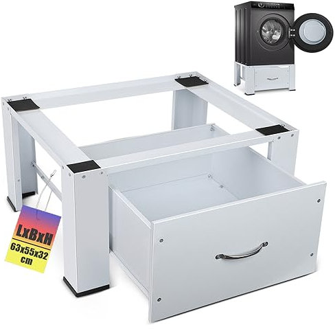Waschmaschinen Untergestell mit ausziehbarer Schubladen, Unterbau Podest für Waschmaschine & Trockner, Unterbau Podest, Sockel Stahl, Unterschrank erhöht mit 150 kg Tragkraft, (LxBxH) 63x54.5x32 cm
