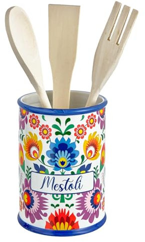 Baroni Home Portamestoli Decorato in Ceramica con Mestoli Inclusi, Accessorio da Cucina Colorato Resistente, Linea Flora, 11x11x25 cm