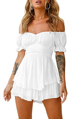 Women Puff Sleeve Off Shoulder Mini Dress Square Neck Ruffled A Line Flowy Swing Beach Dress Summer Smocked Sundress (White, M)