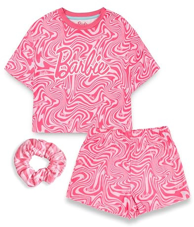 Barbie Conjunto de Pijama Girls | Paquete de Pijamas con Estampado Rosa de Manga Corta y Pantalones Cortos con Pijamas con coletero | Conjunto Completo Ropa Dormir a Juego con Ropa para muñecas niños