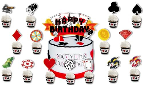 Décorations Gâteau Casino 16 Pièces Poker Cupcake Topper Casino Cake Toppers pour Cupcakes sur Le Thème de Las Vegas Décorations de Fête d'anniversaire pour Homme et Femme