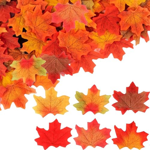 WchoeSS 300pcs Autumn Leaves Decorations, Artificial Autumn Maple Leaves Decor, Mixed Colour Faux Leaves for Autumn Party Thanksgiving Day Halloween Party Crafts Autumn Art Scrapbooking Decor