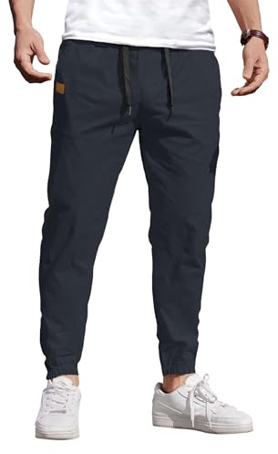 COOFANDY Byxor, herr, cargobyxor, joggingbyxor, bomull, elastisk midja, lediga sweatbyxor, fritidsbyxor med elastiskt band, dra-på-byxor med fickor, Mörkblå, L