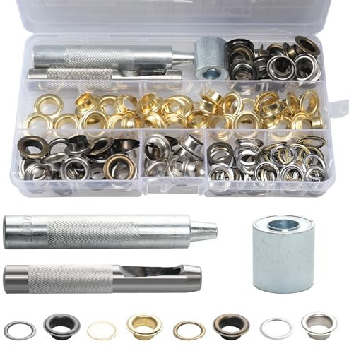Annickee 140 Stücke in 4 Farbe Ösen Set, 10mm Ösenzange Kit, Ösen Werkzeug Kit inklusive Lochwerkzeug, Montagewerkzeug, Basis, Ösenzange Metallösen, Ösen-Set für Planen/Leder/Gewebe/Vorhang