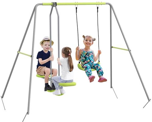Outsunny Columpio para Niños Jardín Exterior con 1 Columpio Simple 1 Planeador y Anti-UV Carga 135 kg 255x160x180 cm Gris y Verde