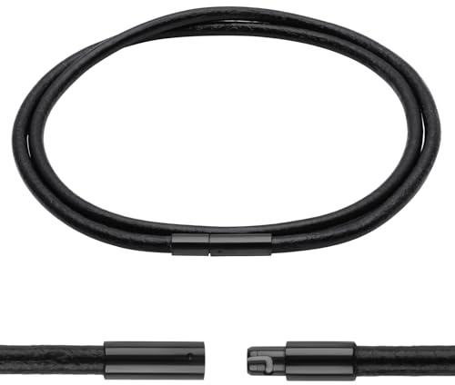 Luxeu Collana in Vera Pelle, 3mm Collana Cuoio Uomo, Pelle Catenina Nero, Catena di Cuoio, con Chiusura, con Portagioie e Sacchetto in PVC, per Ciondoli, Braccialetti (Lunga 50cm)