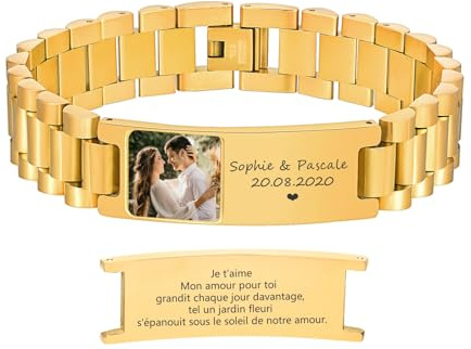 Gamtic Bracelet Homme Personnalisé Photo Gravure, Gravé Prenom/Texte/Photo, Bracelet Réglable Maillons Acier Inoxydable Cadeau Personnalisé pour Homme Papa Mari Petit-Ami (Or-Photo Coloré)