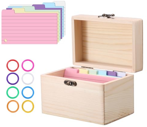 BTSKY Wooden Index Card Holder - 3X5 Inch Notecard Box Recipe Organizer with 150 Cards & 8 Buckle Rings, Wood Index Card Case for Office Desk Recipe Notecard Storage Box, Photo Holder Organizer, Wood