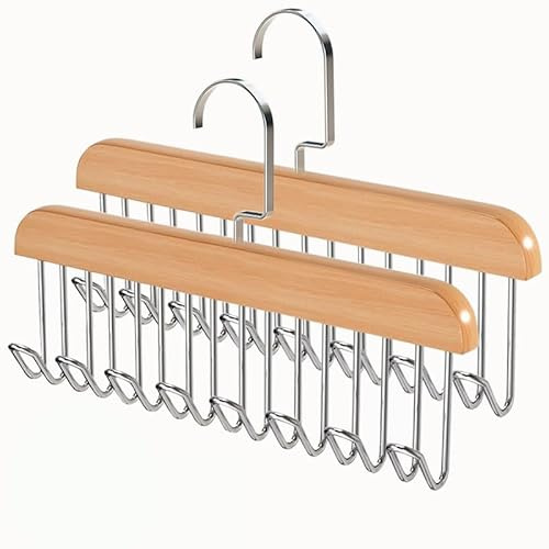 2 Pack Belt Hanger with 16 Hooks, Non-Slip Wooden Skid-Proof Belt Holder, Space-Saving Rotating Display Rack for Belts, Tops, Hats (Wooden)