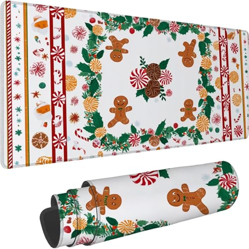 Mouse Mat 1400 x 700 x 3mm Large Mouse Mat Non Slip Rubber Base, Soft Textured Surface with Stitched Edges, Waterproof Desk Mat for PC, Laptop, Laser Mice for Office, White Christmas Printing xn-30