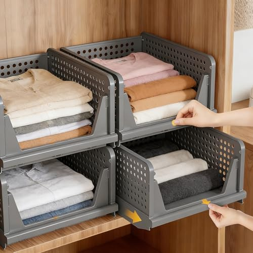 Freyeeti 4 Pezzi Organizer Armadio Cassettiere, Organizer Pieghevole Impilabili, per Armadio per Vestiti Camera da letto, Cucina, Bagno, Casa, Grigio